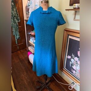 Vintage mid-1960's blue tweed bow-neck dress